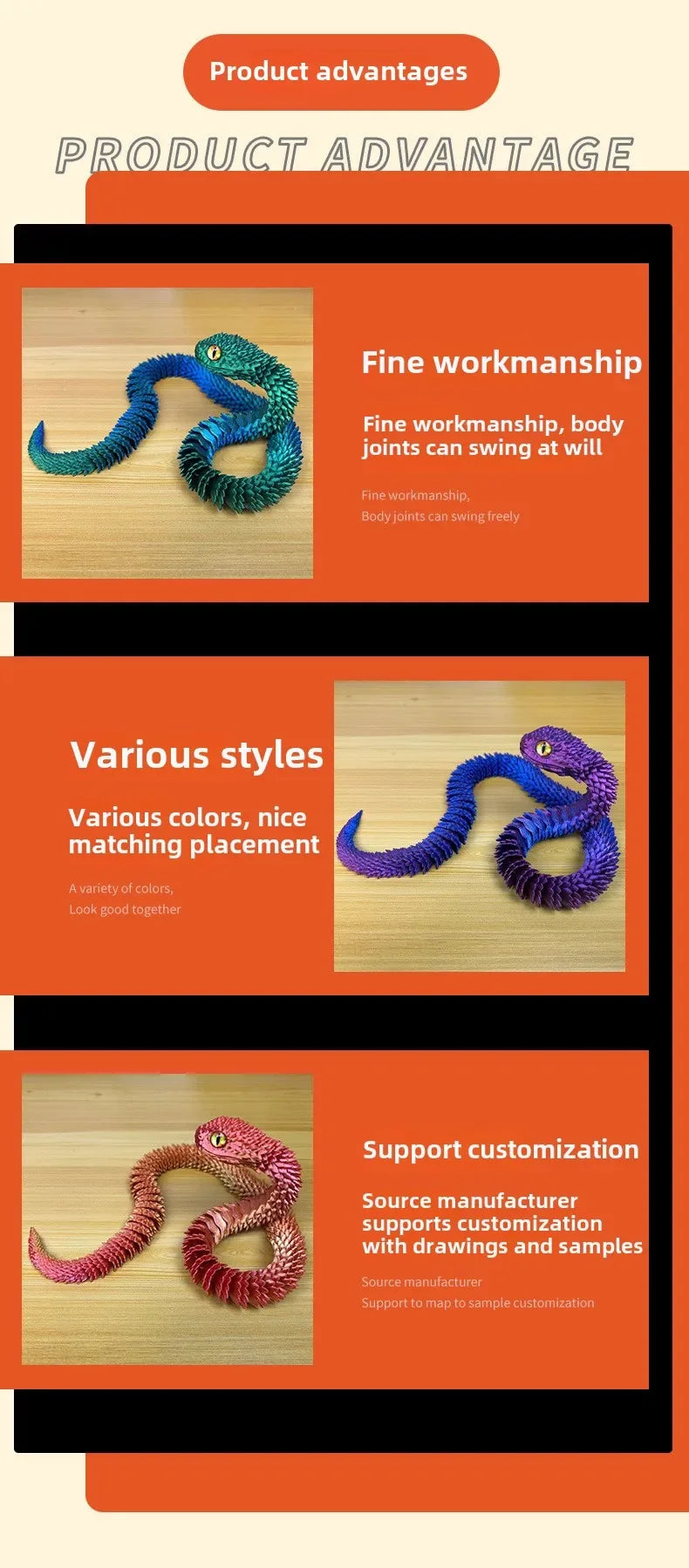 Snake Toy 3D Printed Viper Toy Gem Eye Joints Movable Figure Landscaping Ornaments Office Decoration Home Decorations Decor Toys